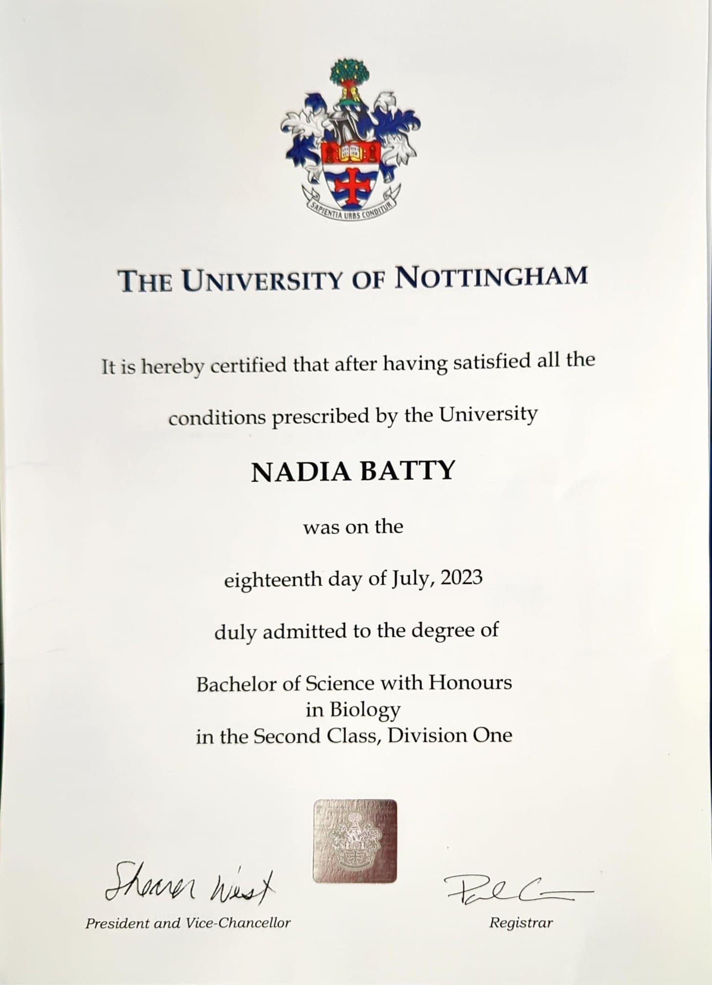Nadia graduated from University of Nottingham