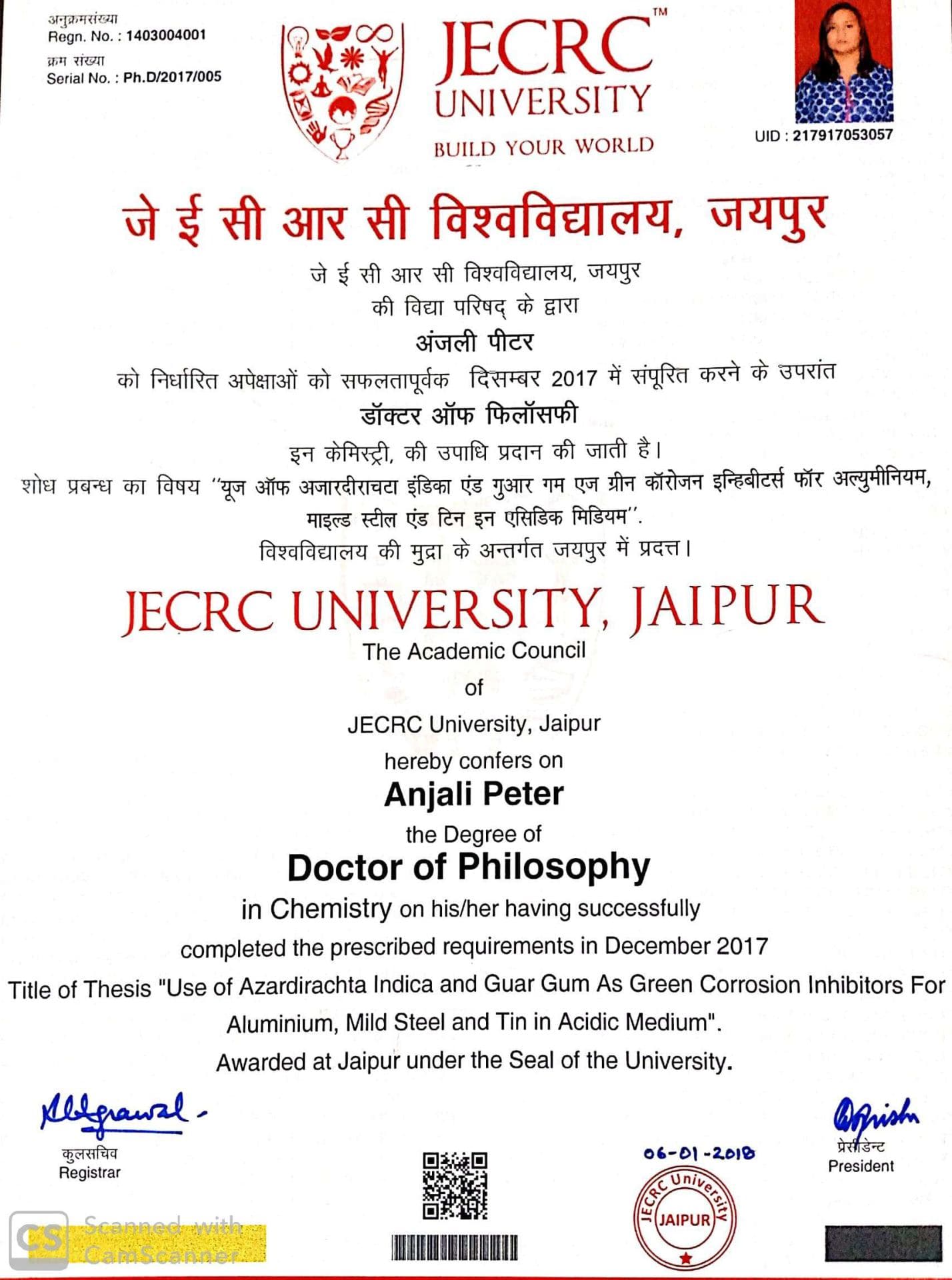 DR. Anjali graduated from JECRC UNIVERSITY