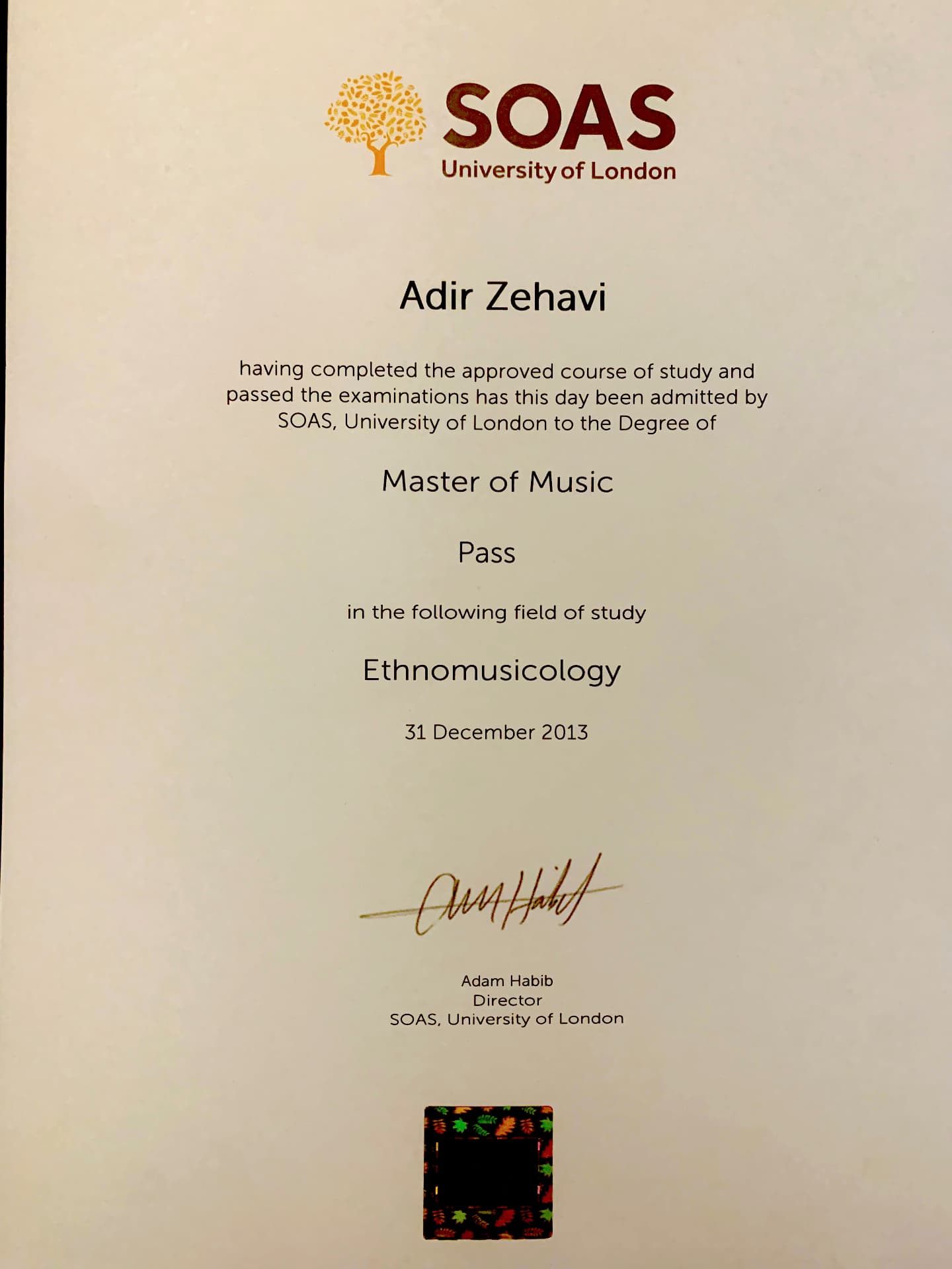 Adir graduated from SOAS, School of Oriental and African Studies, University of London