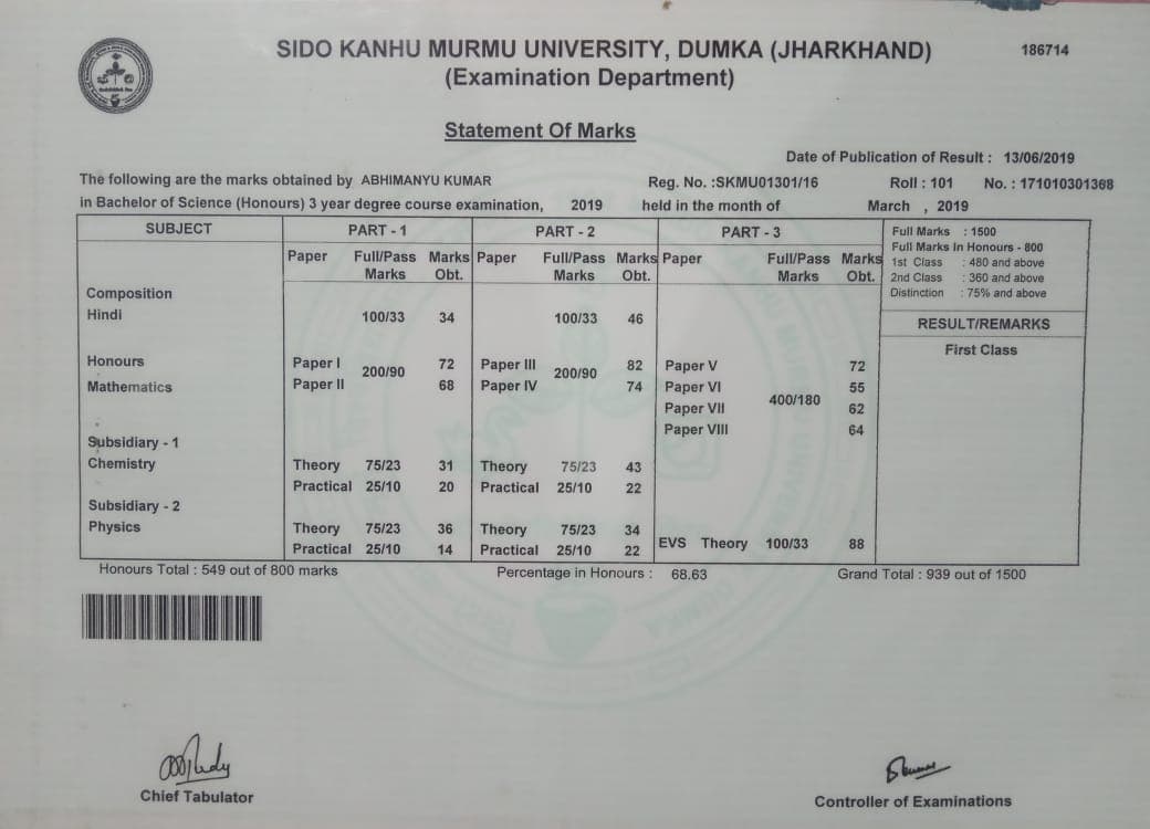 Abhimanyu graduated from SIDO KANHU MURMU UNIVERSITY, DUMKA JHARKHAND