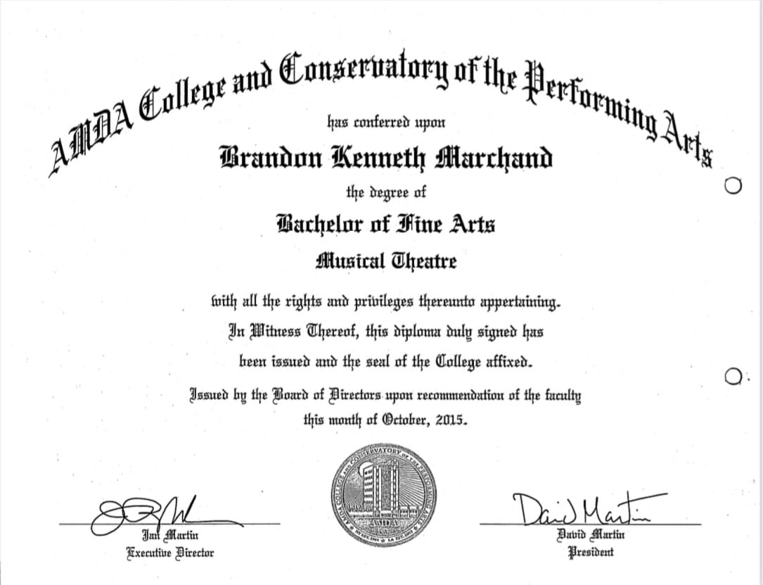 Brandon graduated from AMDA College and Conservatory for the Performing Arts
