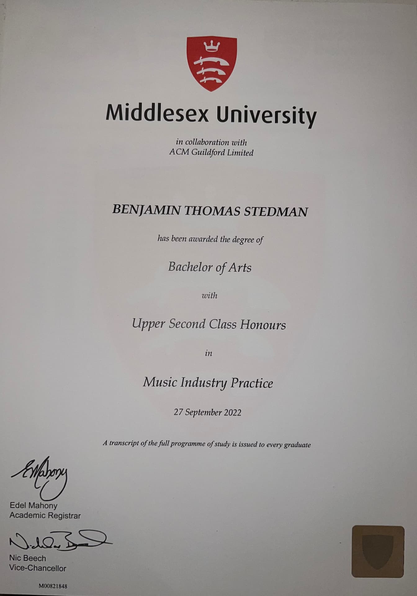 Benjamin graduated from Academy of Contemporary Music