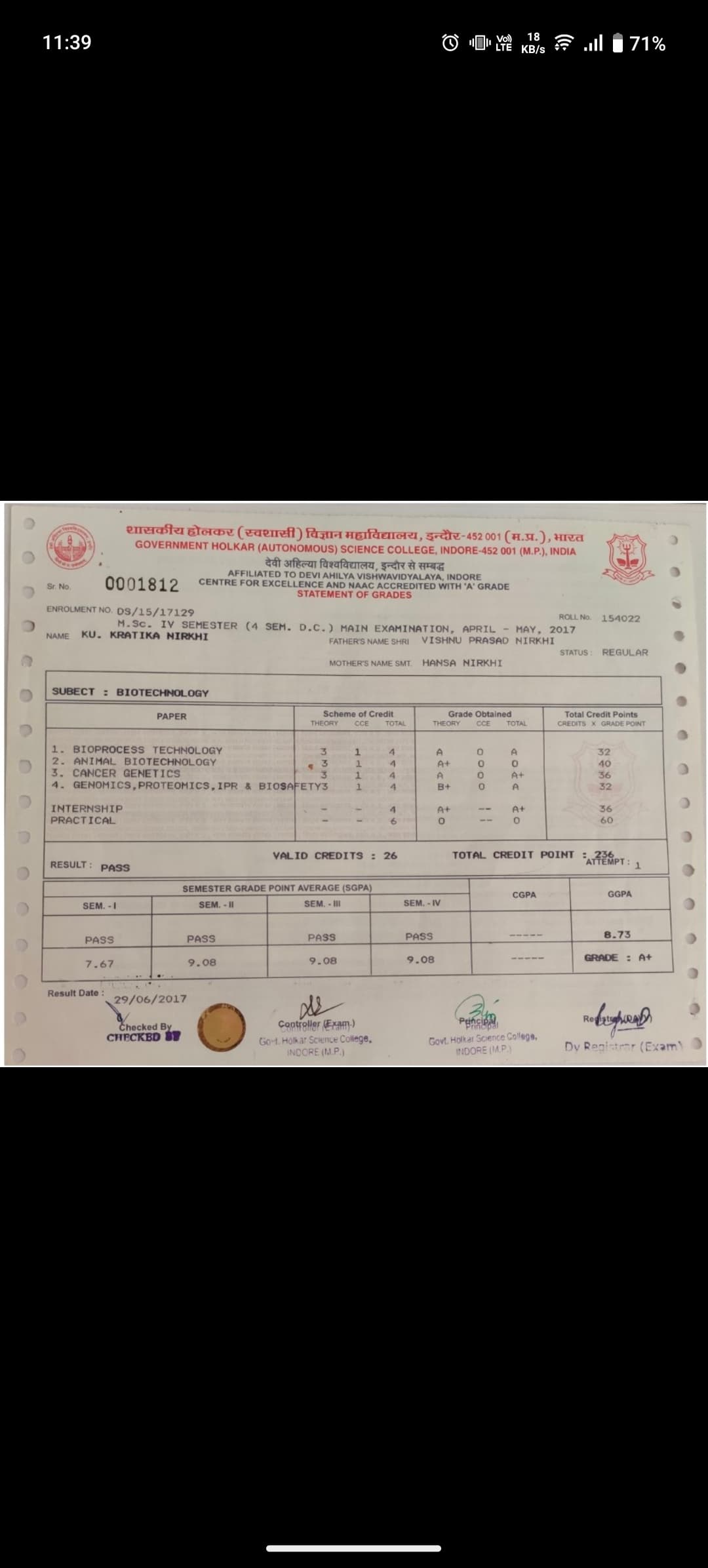 Kratika graduated from Govt. Holkar Science College