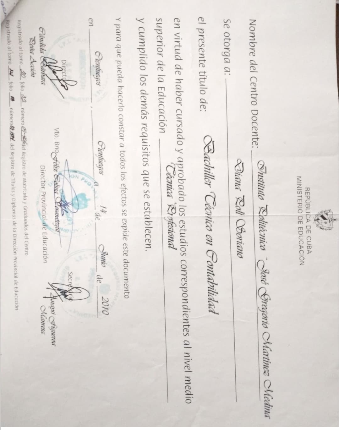 Diana graduated from Jose Gregorio Martinez Medina