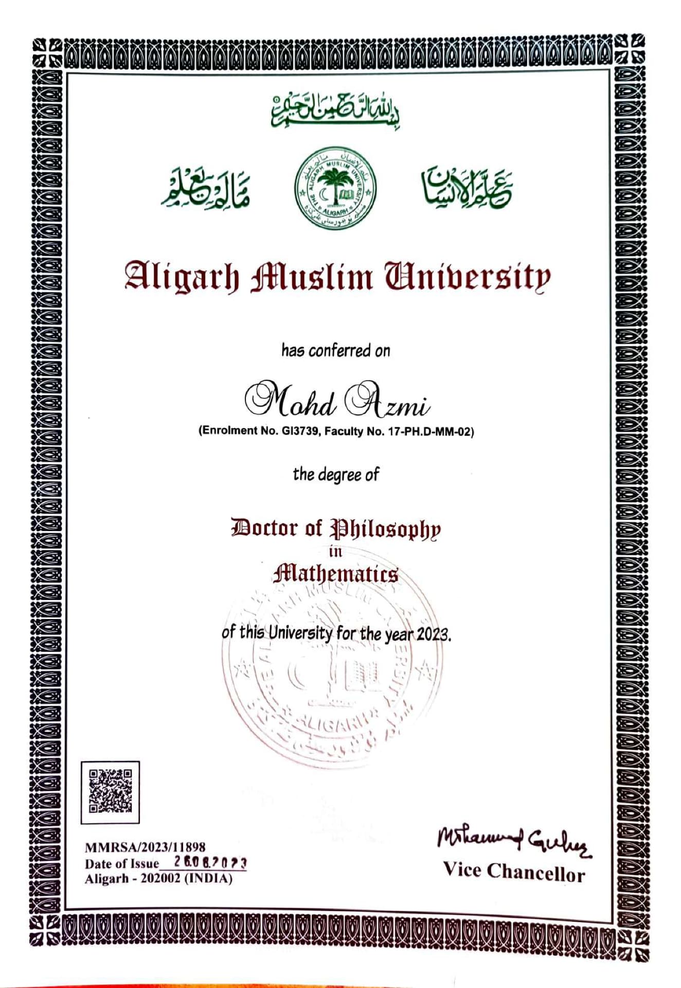 Mohd graduated from Aligarh Muslim University