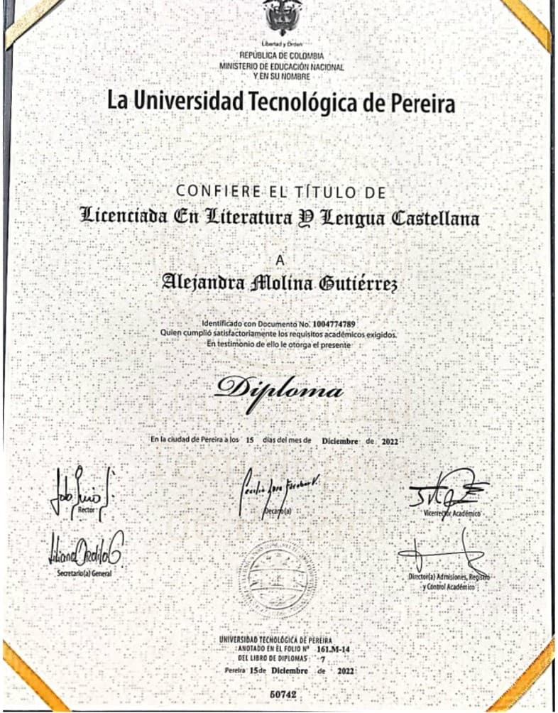 Alejandra graduated from Universidad Tecnológica de Pereira