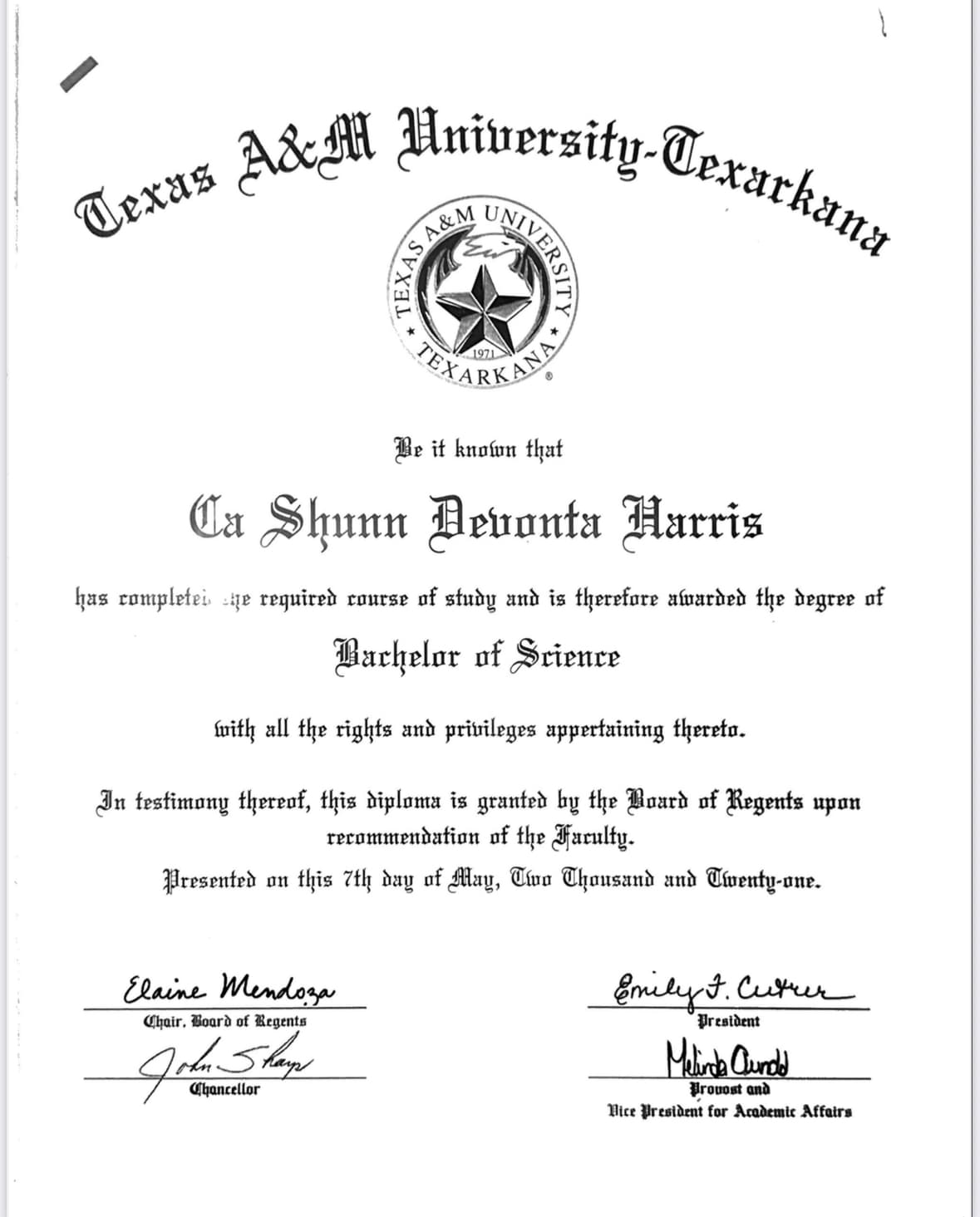 Ca Shunn graduated from Texas A&M University - Texarkana
