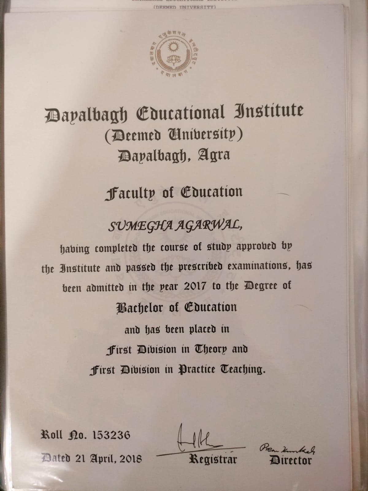 Sumegha graduated from Dayalbagh Educational Institute, Deemed University