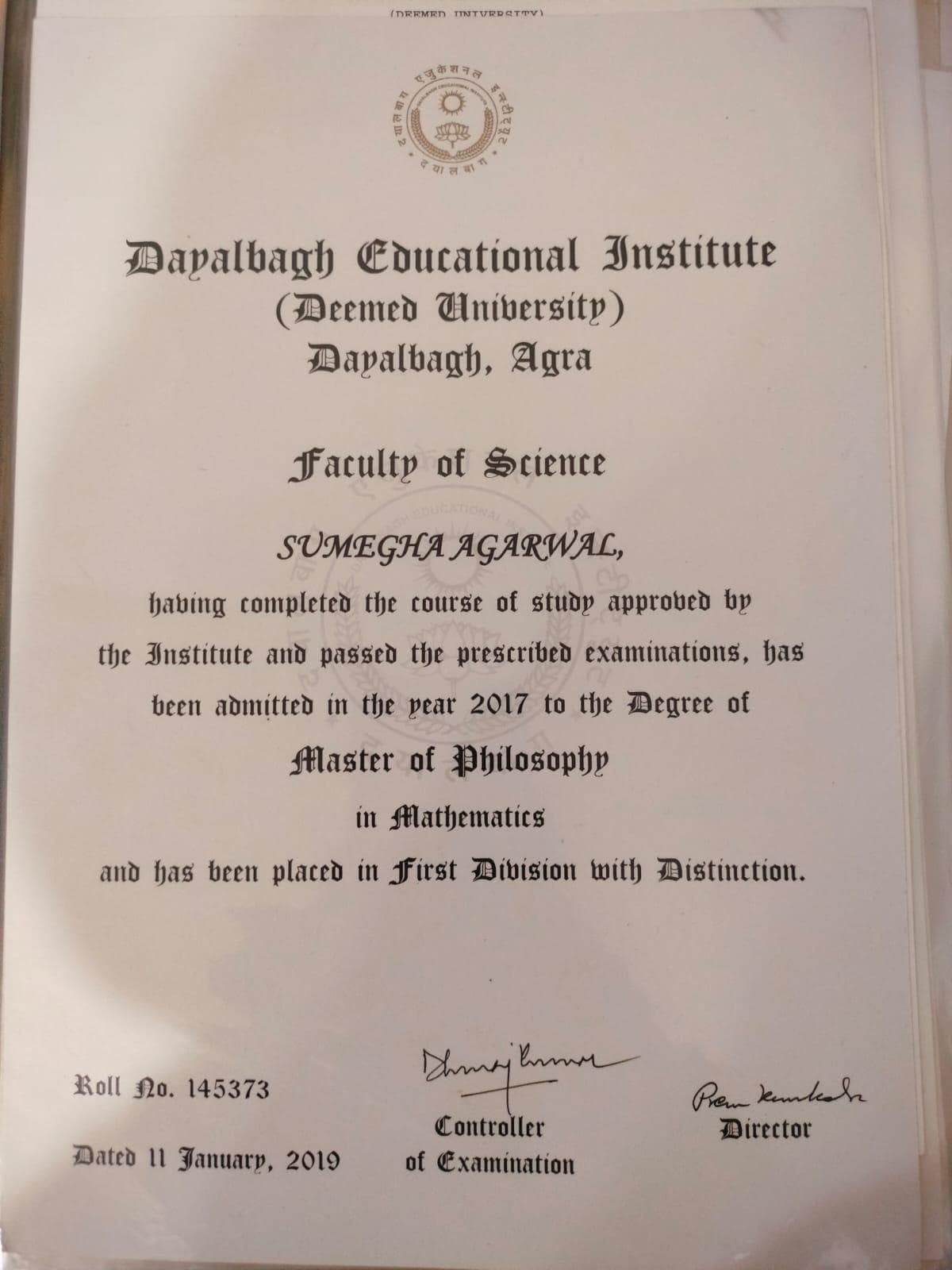 Sumegha graduated from Dayalbagh Educational Institute, Deemed University