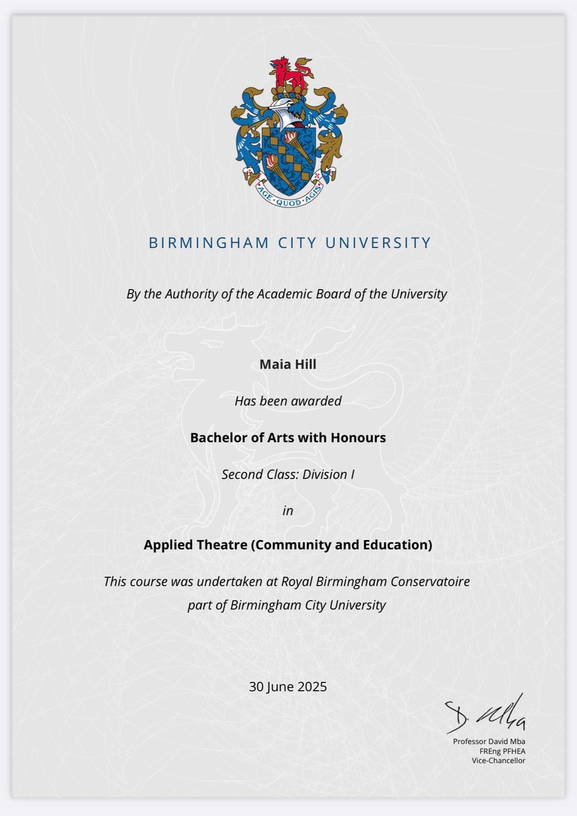 Maia graduated from Royal Birmingham Conservatoire