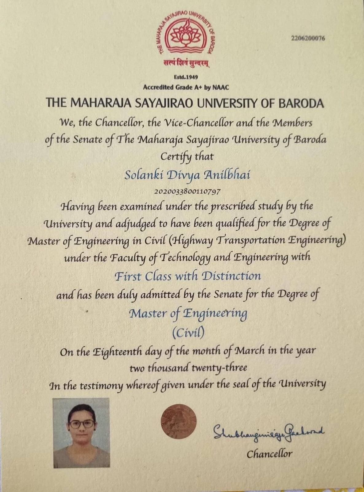 Divya graduated from Gujarat Technological University