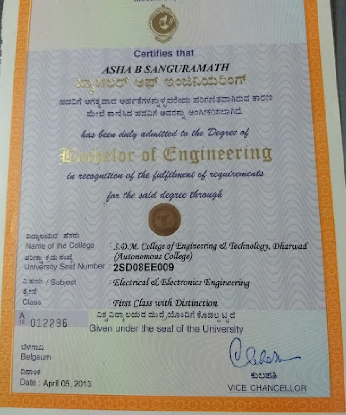 Asha Somashekharayya graduated from VTU University