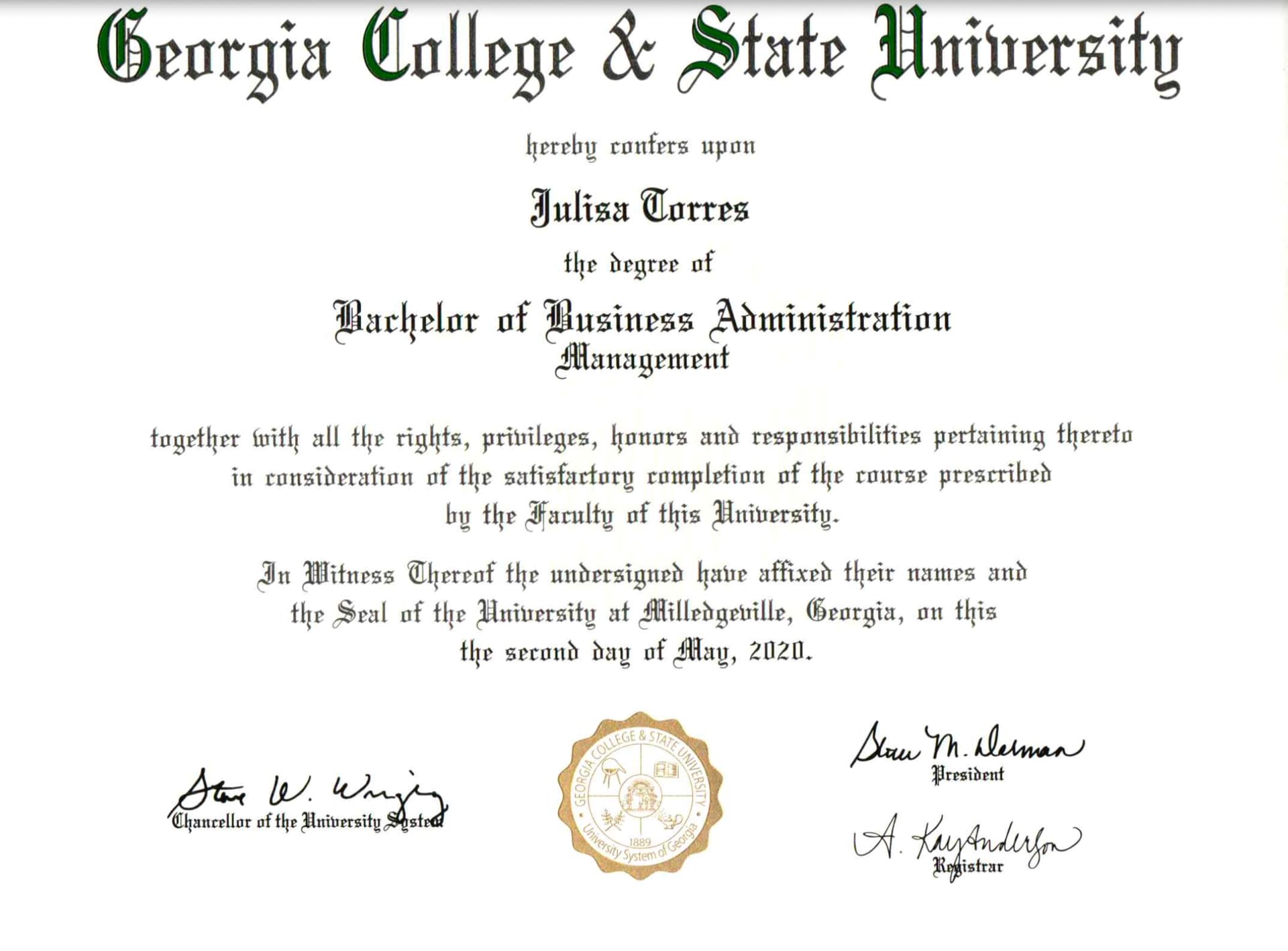 Julisa graduated from Georgia College and State University