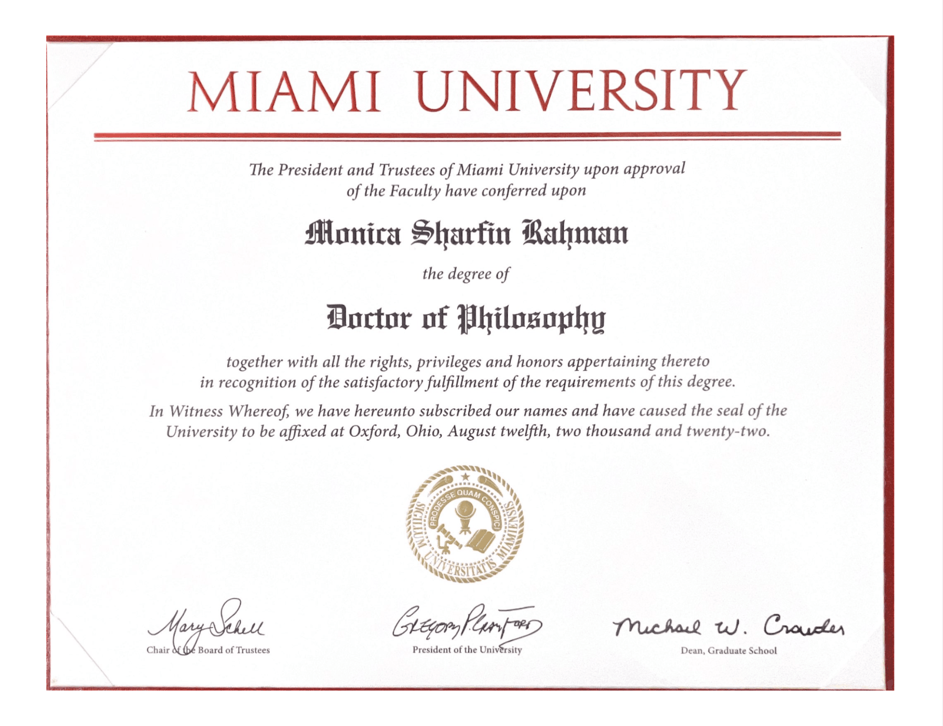 Monica graduated from Miami University