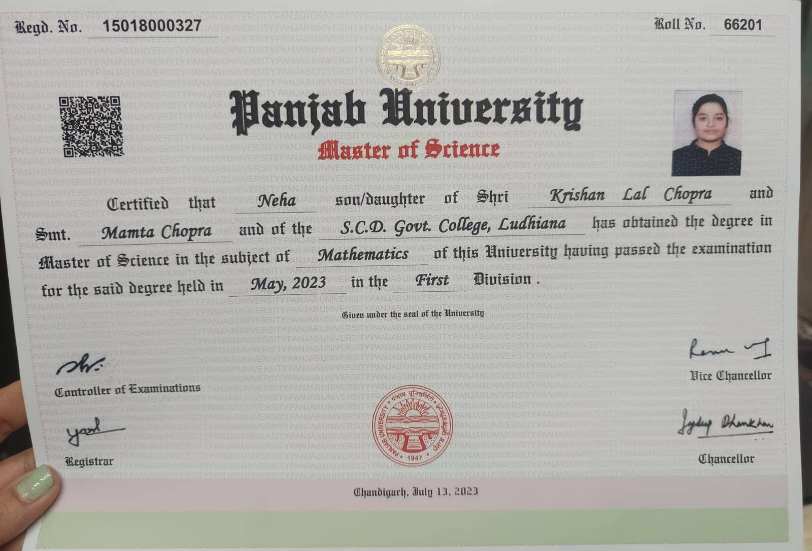 Neha graduated from Panjab university