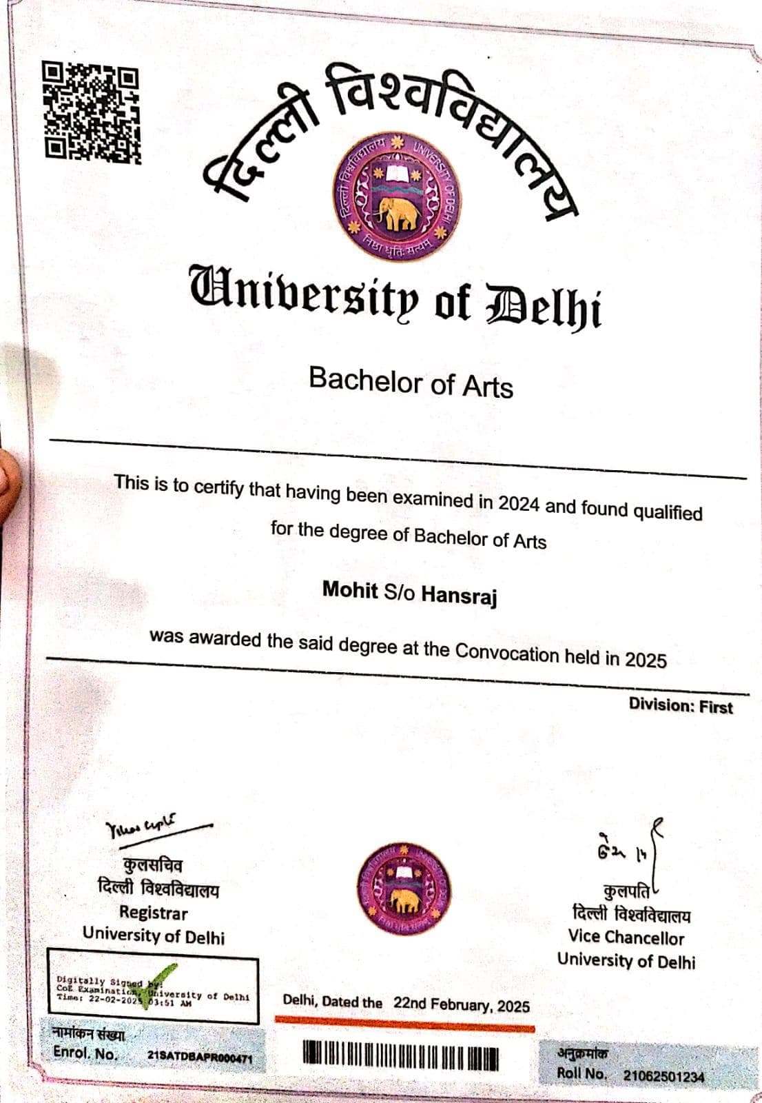 Mohit graduated from University of Delhi