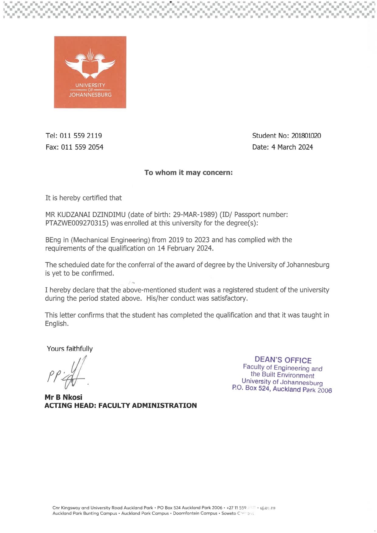 Kudzanai graduated from University of Johannesburg