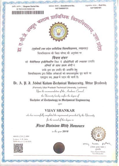 Vijay graduated from AKTU Lucknow U.P.