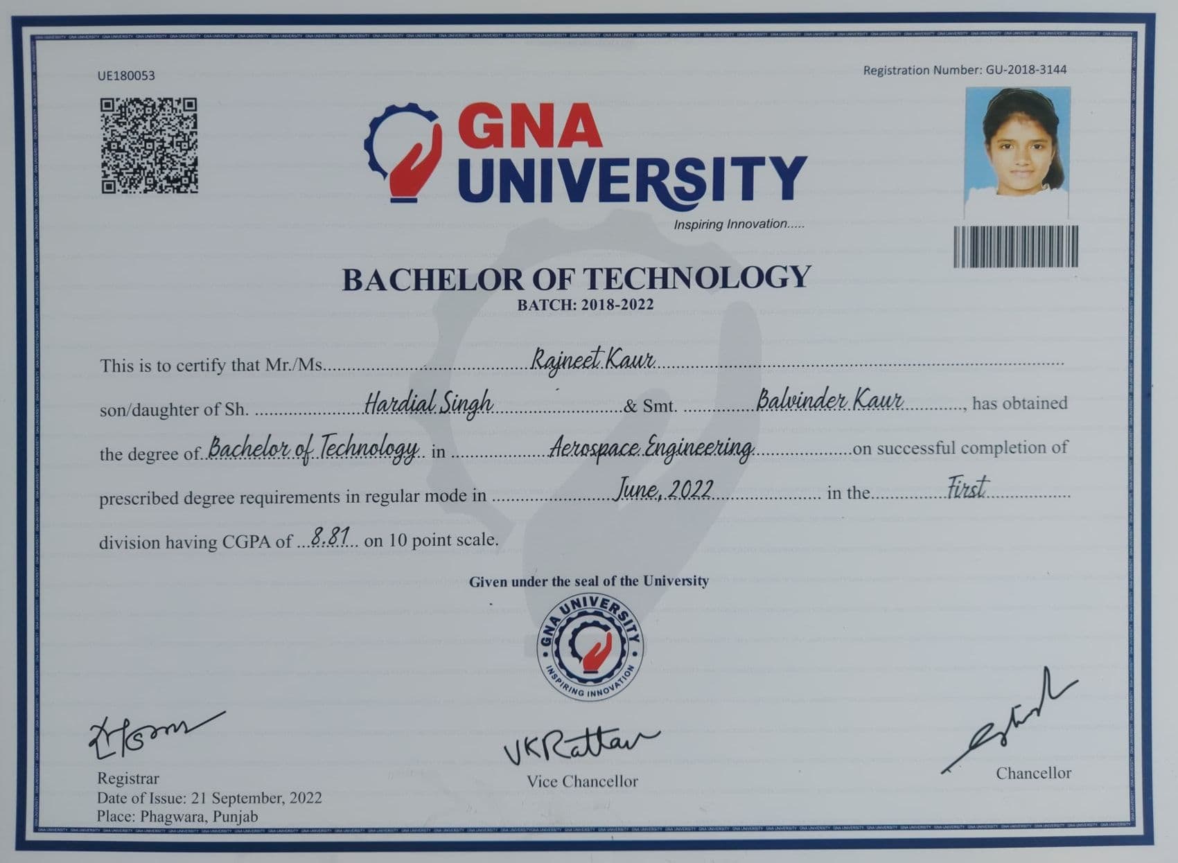 Rajneet graduated from GNA University