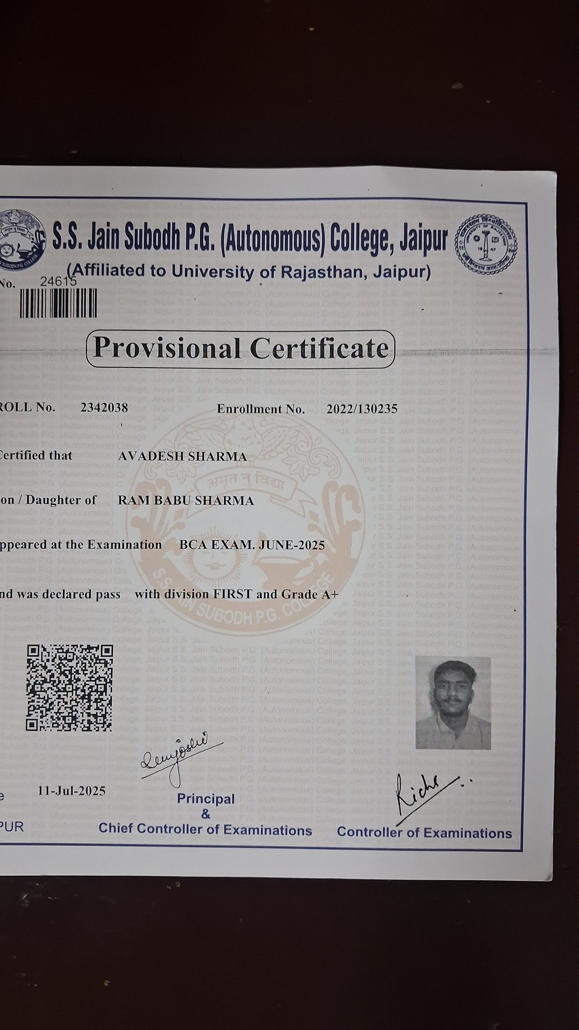 Avadesh graduated from Ss jain subhod college