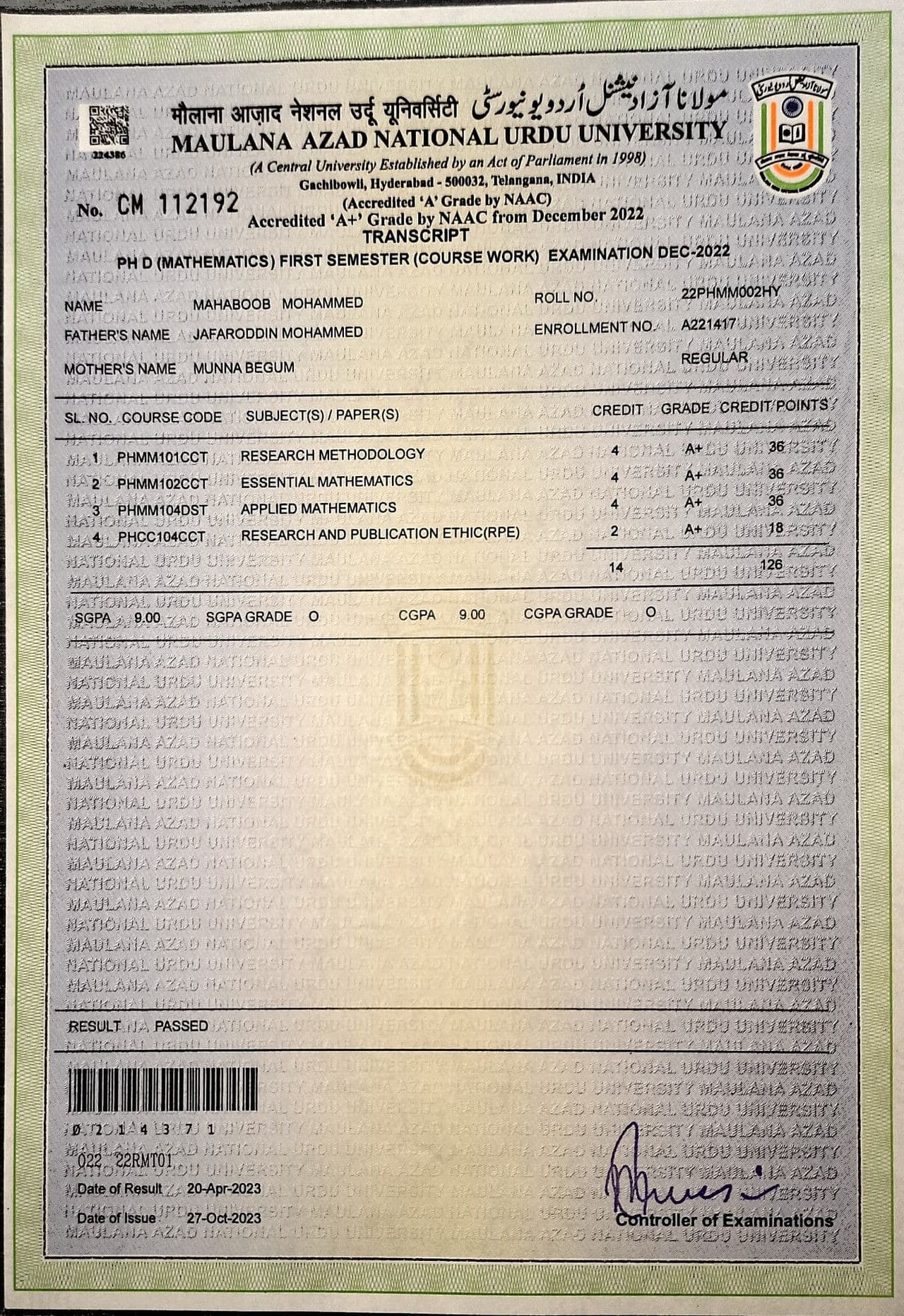 Mahaboob graduated from Maulana Azad national university