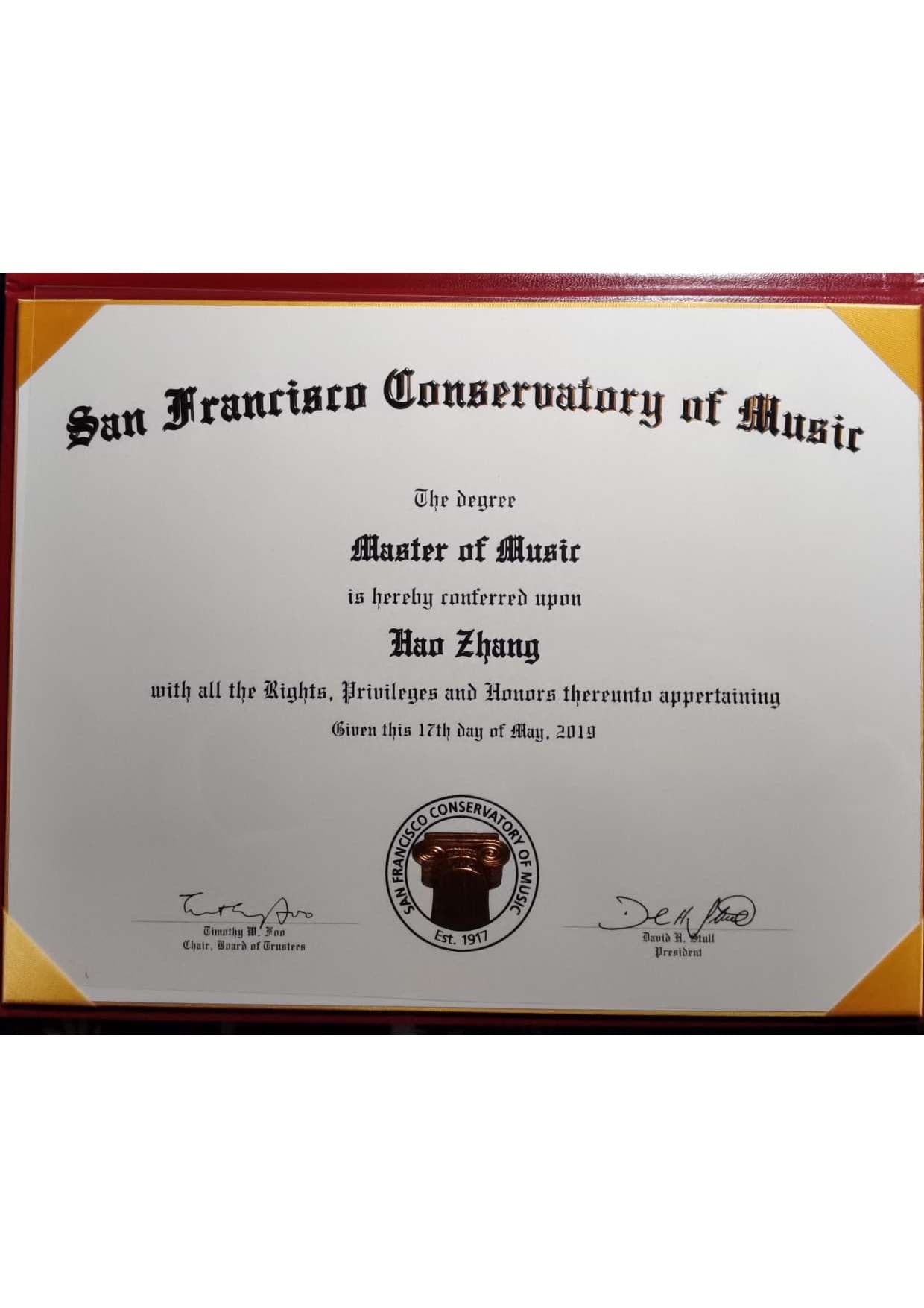 Hao graduated from San Francisco Conservatory of Music