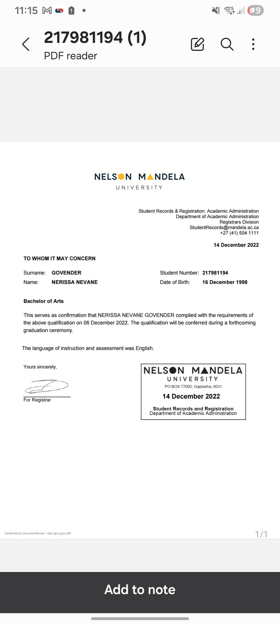 Nerissa graduated from Nelson Mandela University