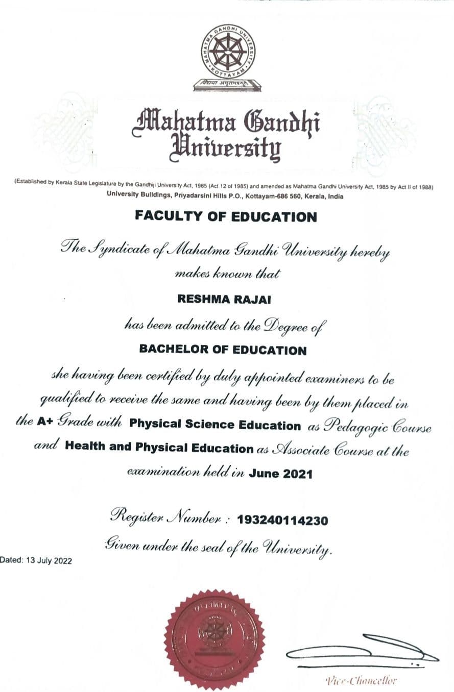 Reshma graduated from Mahatma Gandhi university