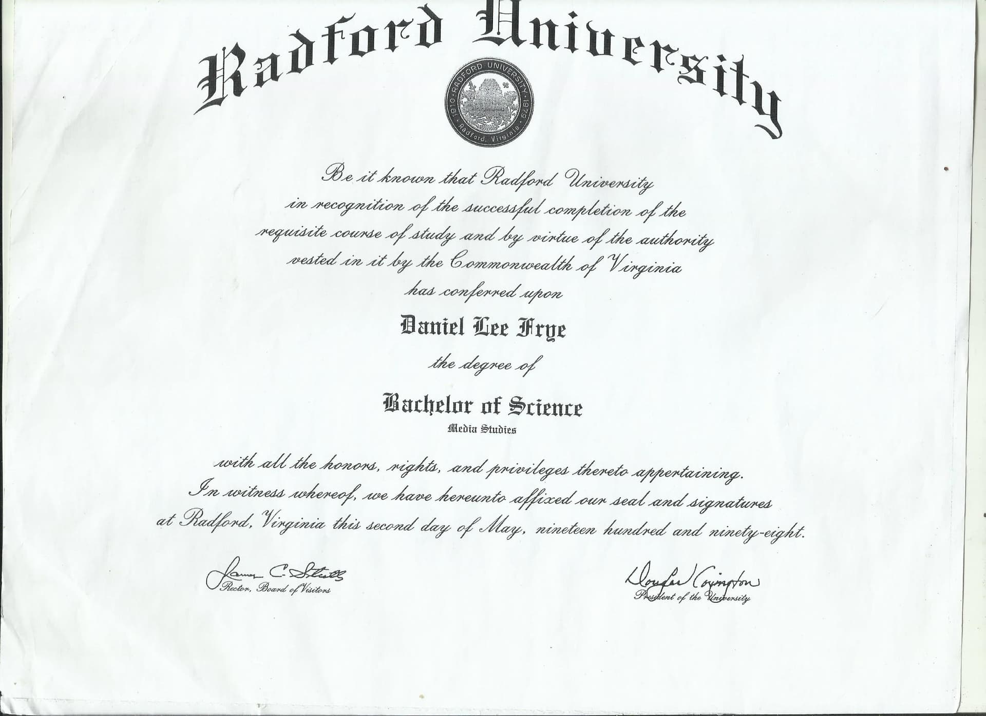 Daniel graduated from Radford University