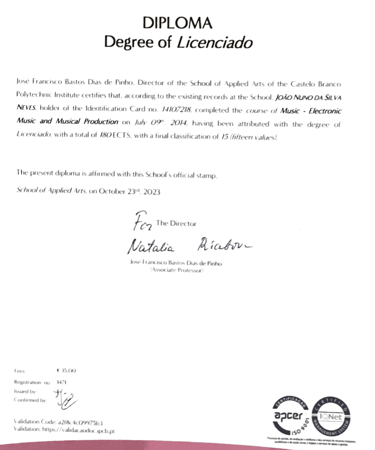 João graduated from Instituto Politécnico de Castelo Branco - Escola Superior de Artes Aplicadas