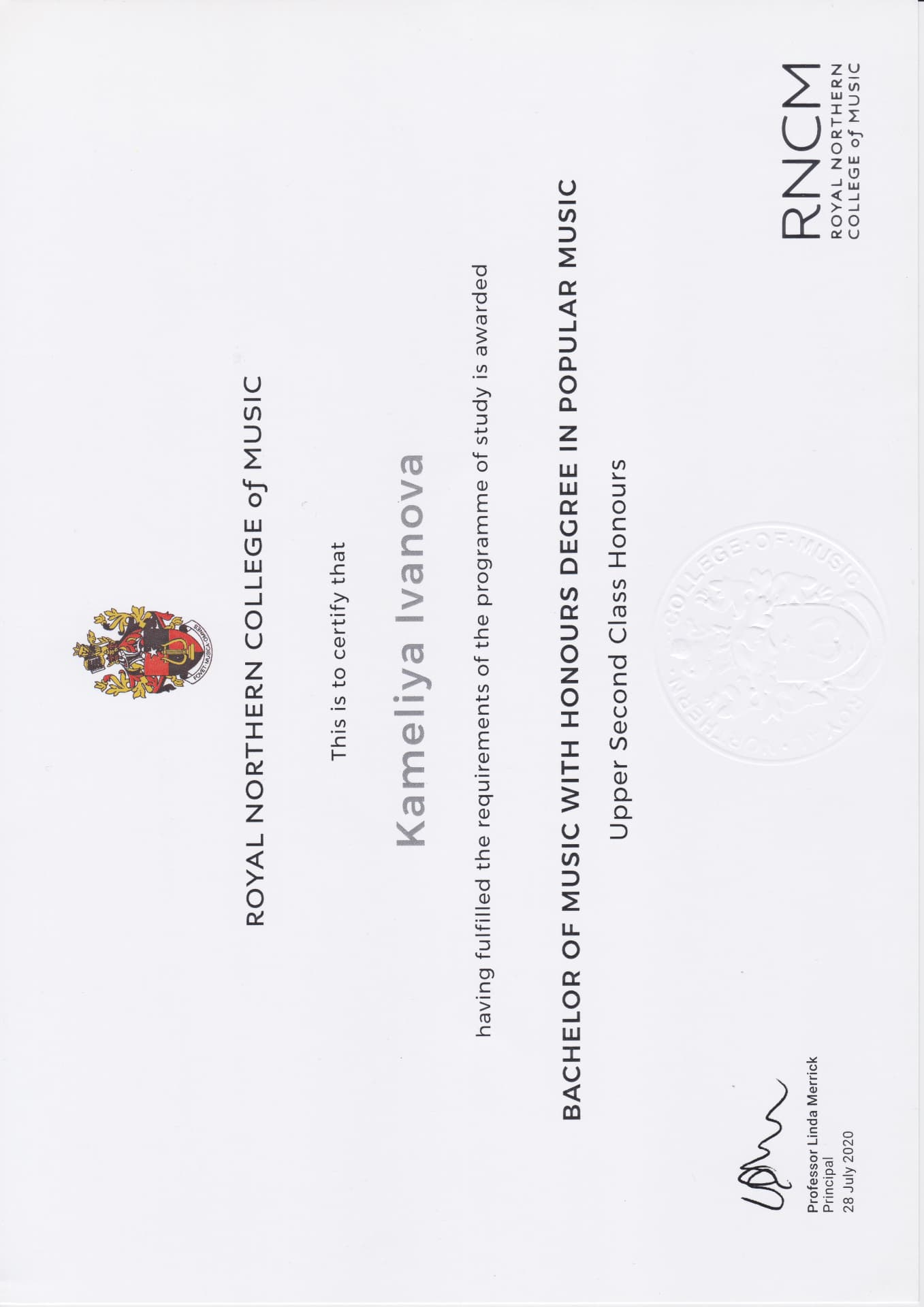 Kameliya graduated from Royal Northern College of Music