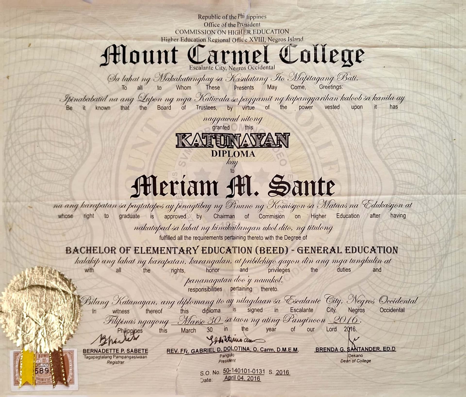 Meriam graduated from Mount Carmel College
