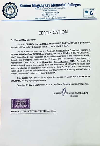 Jaschia Andreah graduated from Ramon Magsaysay Memorial Colleges