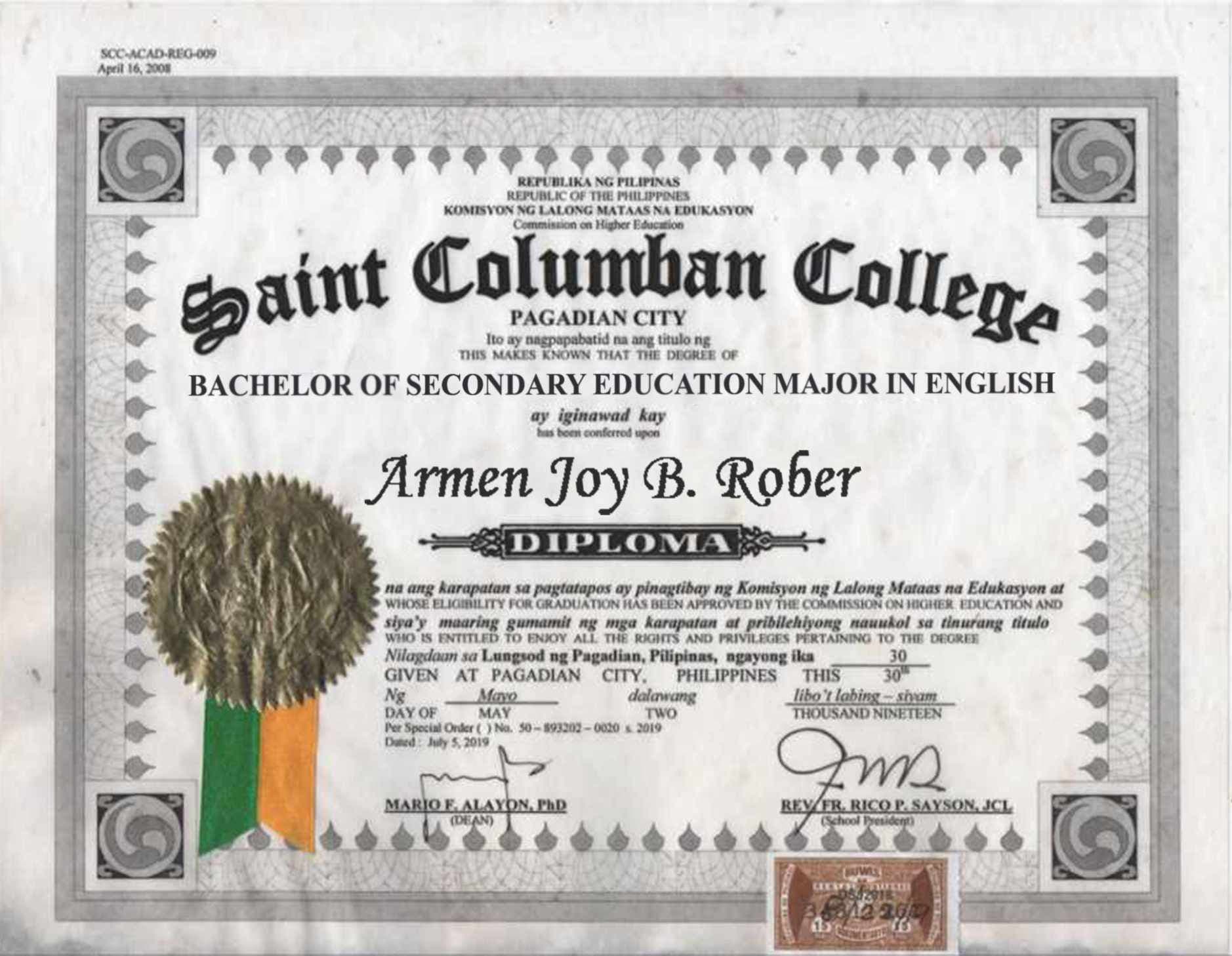 Armen Joy graduated from Saint Columban College