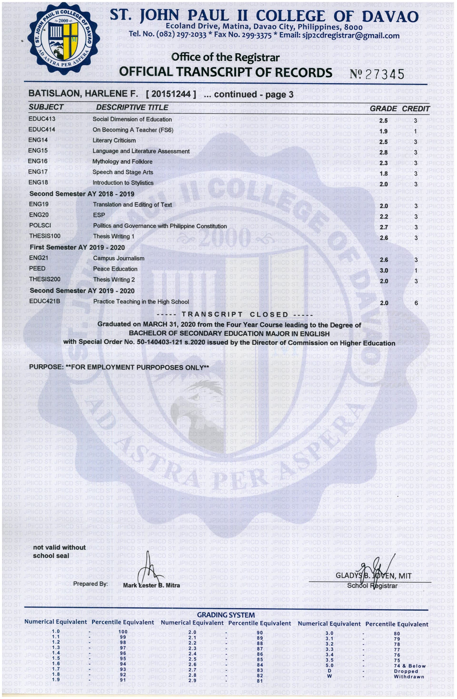 Harlene graduated from St. John Paul II College of Davao