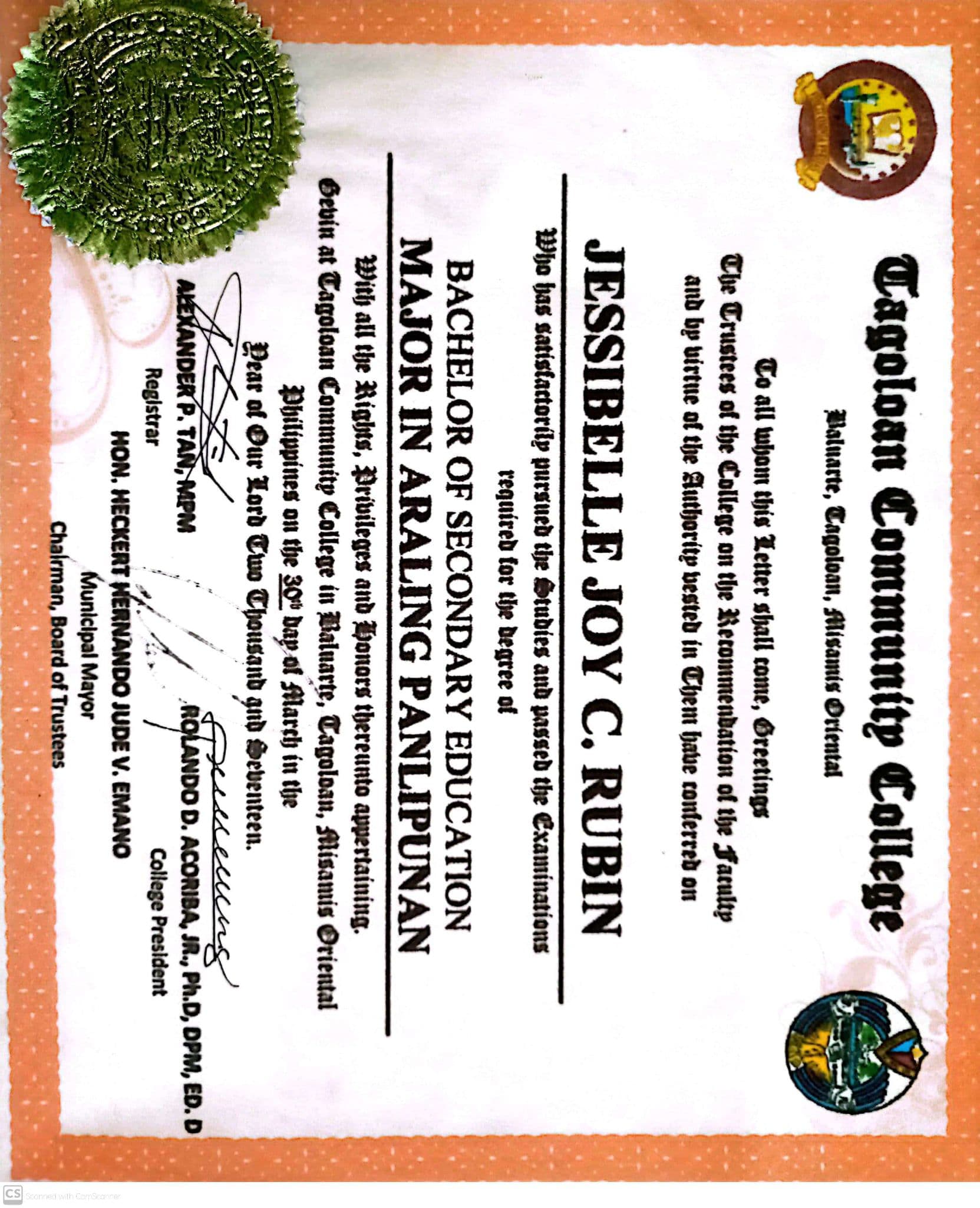 Jessibelle Joy graduated from Tagoloan Community College