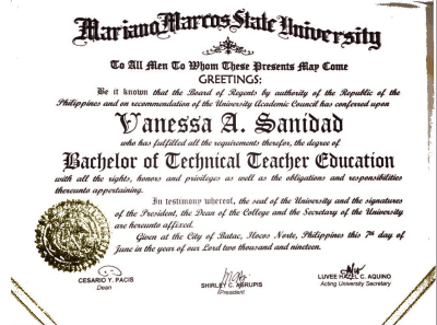 Vanessa graduated from Mariano Marcos State University