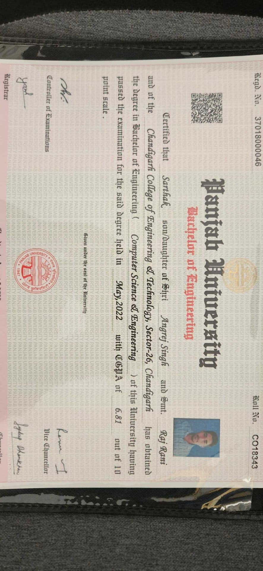 Sarthak graduated from Chandigarh College of Engineering and Technology