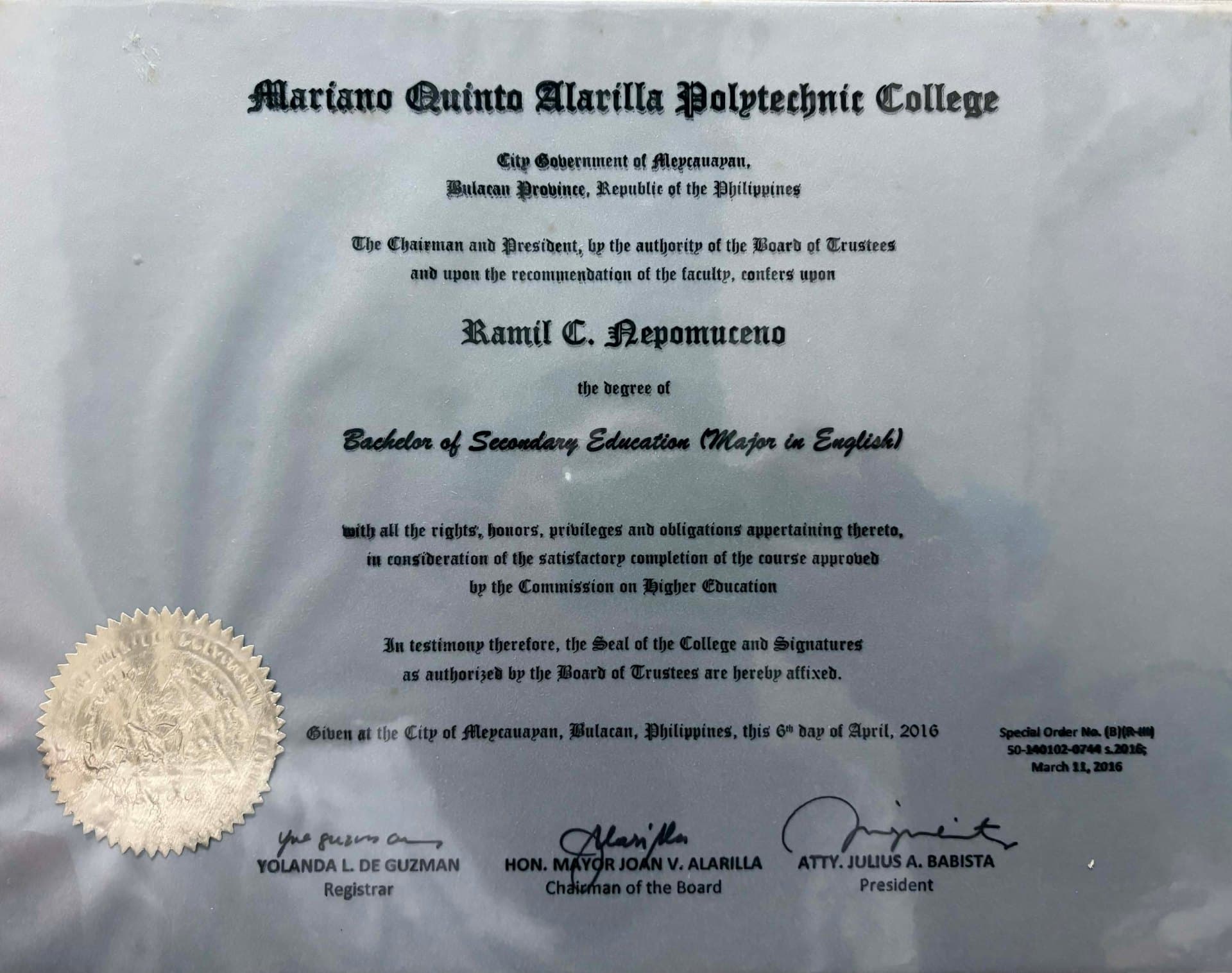 Ramil graduated from Mariano Quinto Alarilla Polytechnic College