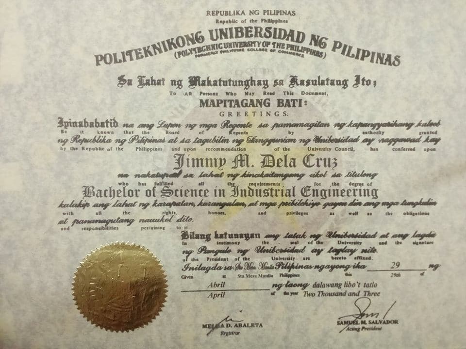 Jimmy graduated from Polytechnic University of the Philippines