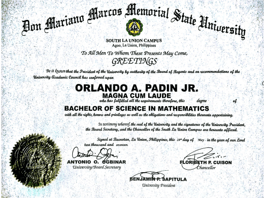 Orlando Jr. graduated from Don Mariano Marcos Memorial State University