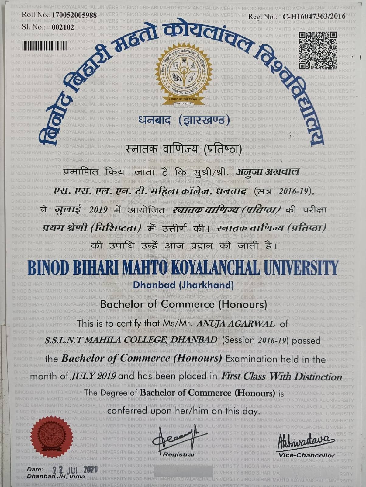 Anuja graduated from Binod Bihari Mahto Koylanchal, University