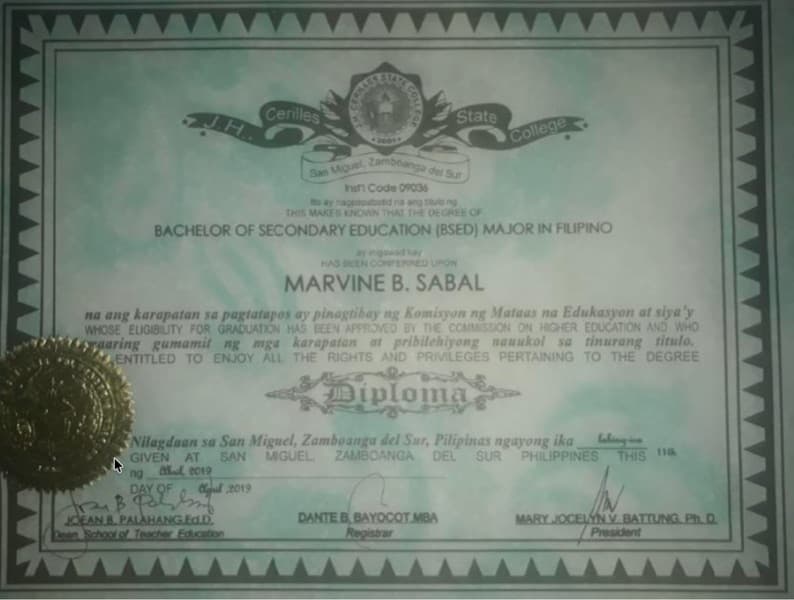 Marvine graduated from J.H. Cerilles State College