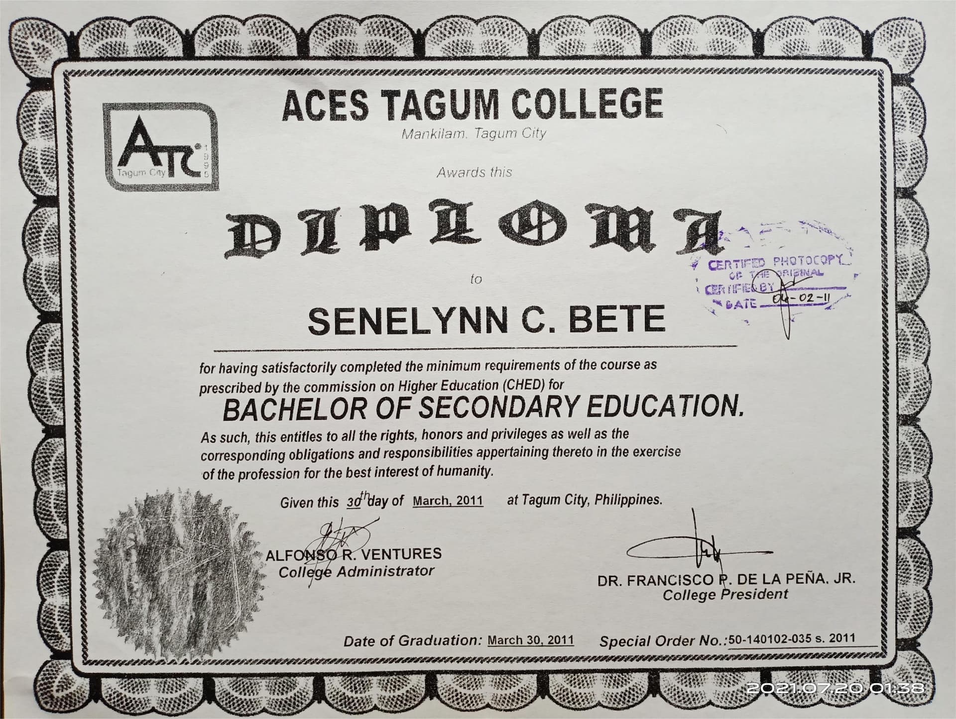 SENELYNN graduated from ACES TAGUM COLLEGE