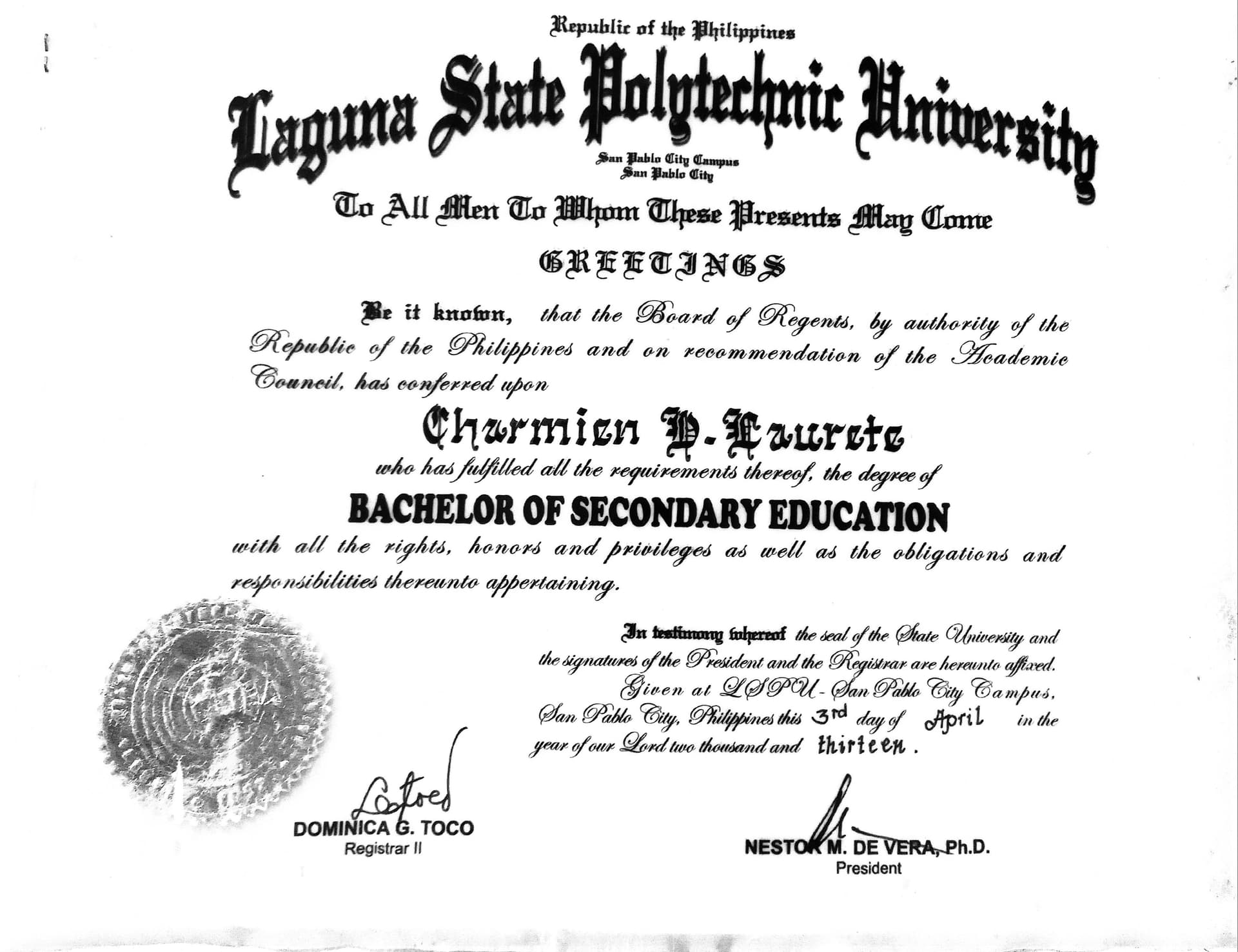 Charmien graduated from Laguna State Polytechnic University
