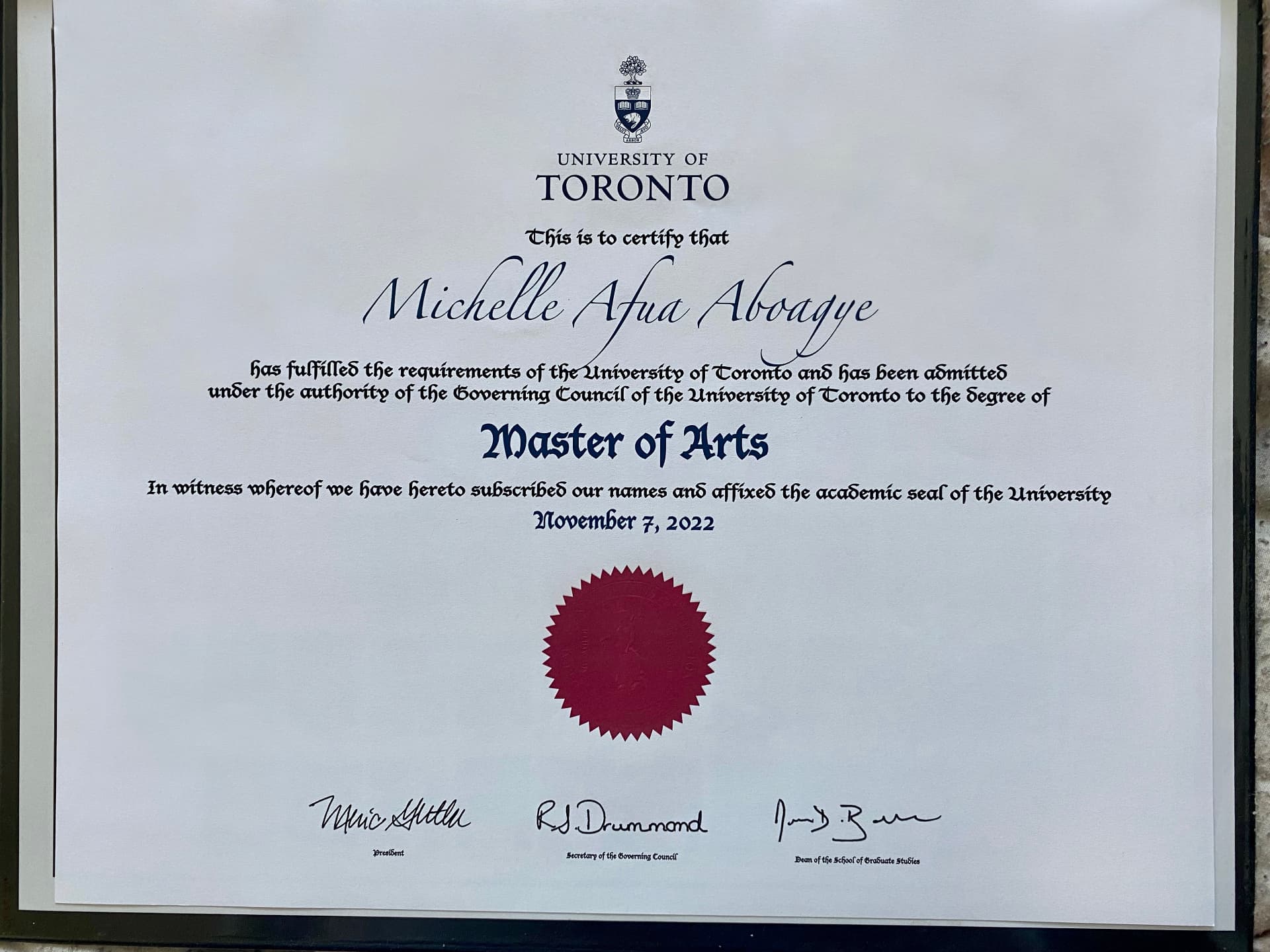 Michelle graduated from University of Toronto
