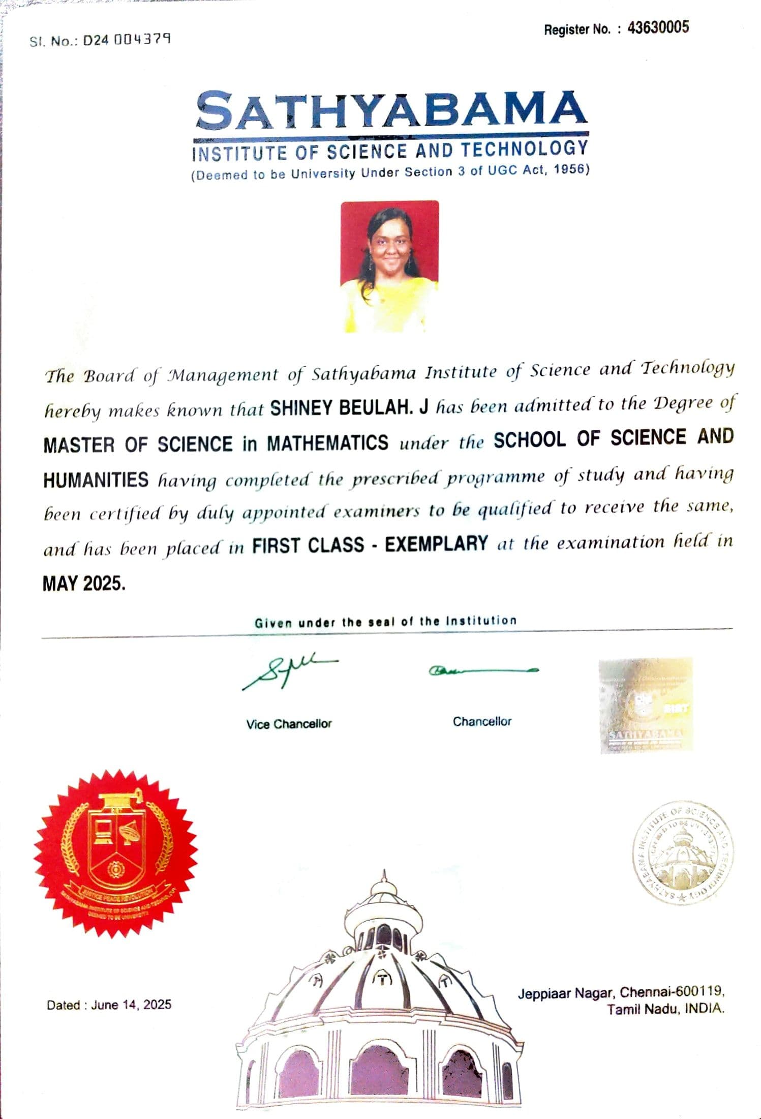 Shiney graduated from Sathyabama Institute of Science and Technology