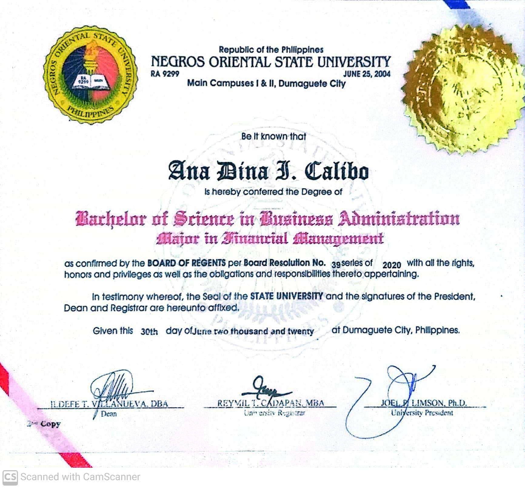 Ana Dina graduated from Negros Oriental State University
