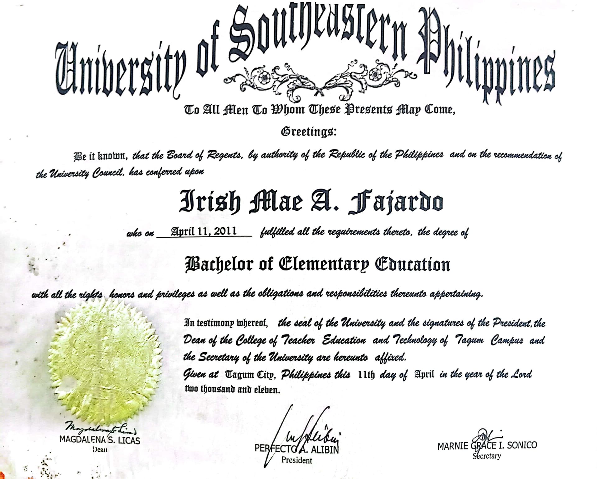Irish Mae graduated from Assumption College of Nabunturan