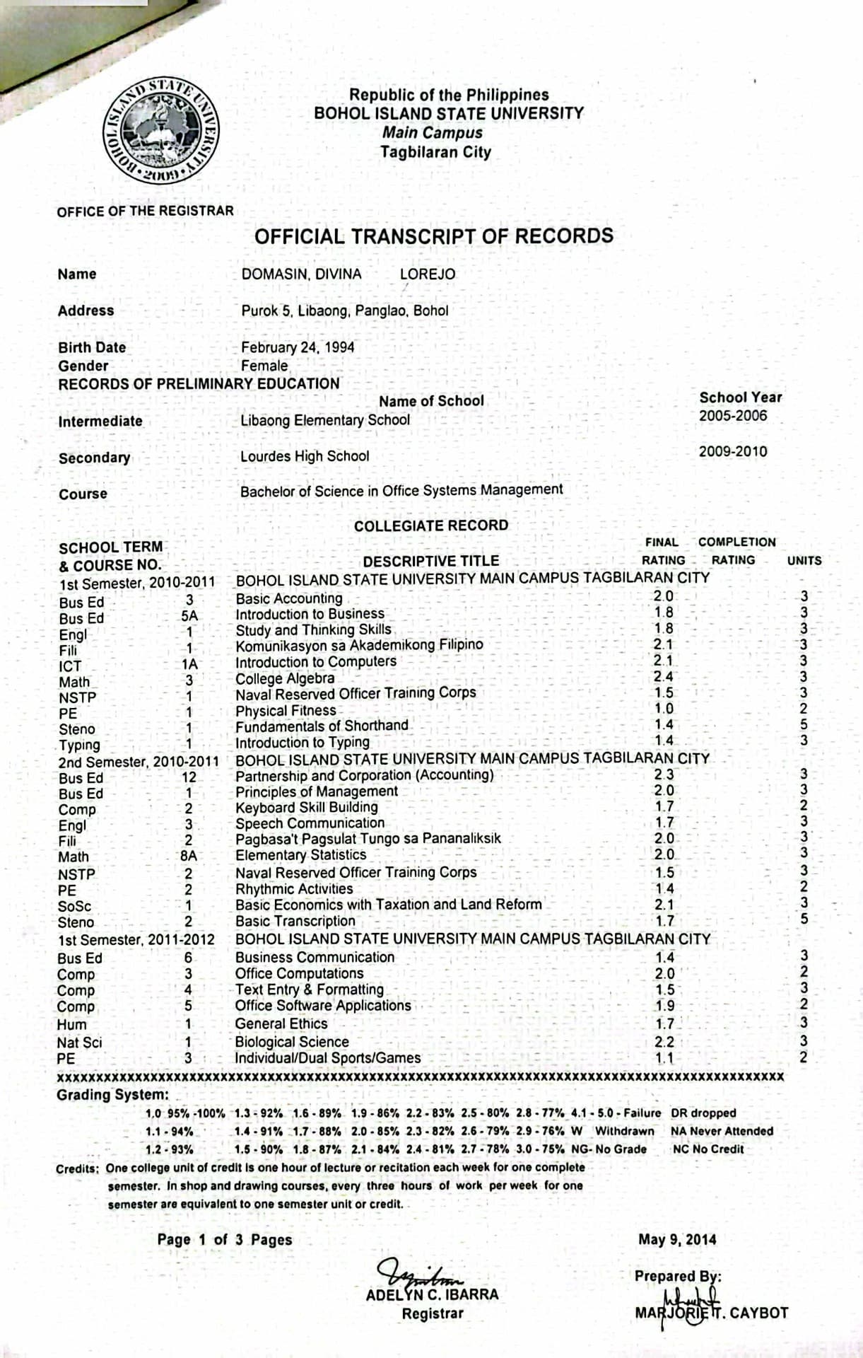 Divina graduated from Bohol Island State University